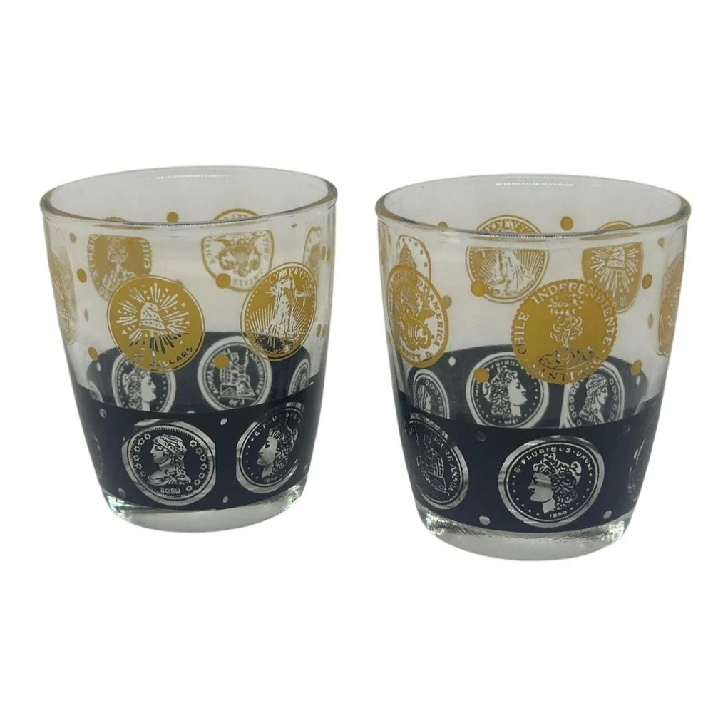VTG Culver Glass Rocks Glass Gold Silver Coin Pattern Mid Century Modern Set 2
